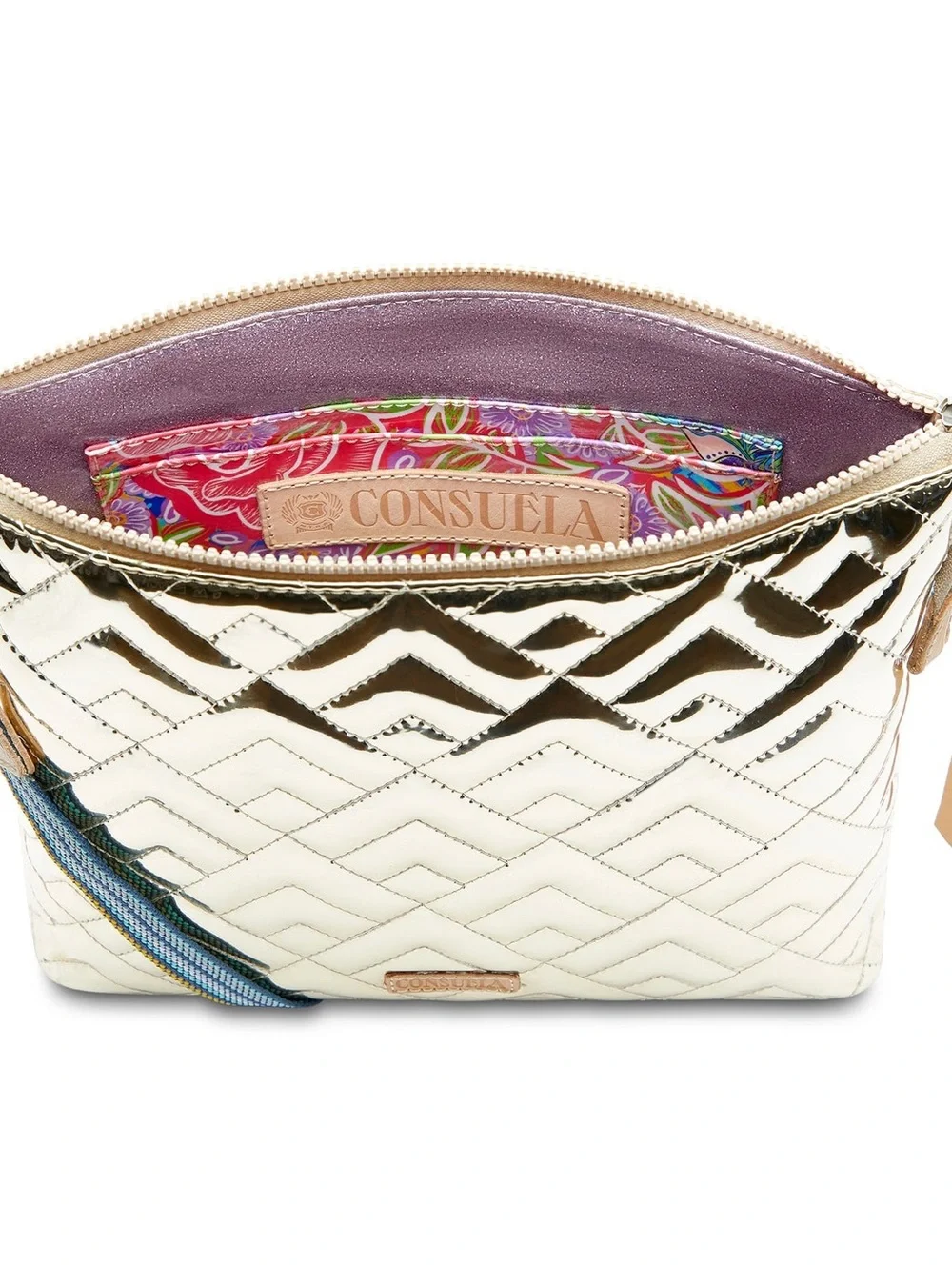 BRAND NEW! Consuela Gold Quilted Crossbody with Blue Striped Strap
